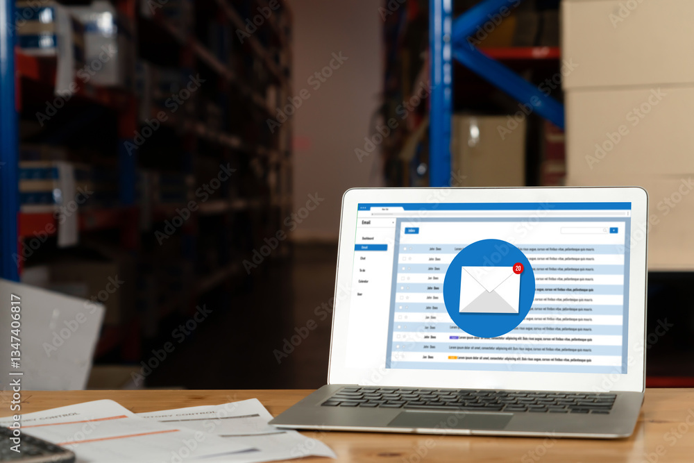 Poster email notification message showing on computer screen snugly. digital marketing message information 