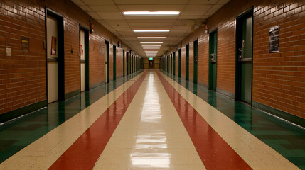 Long Empty School Hallway With Red And White Striped Flooring and Green Doorways Under Fluorescent Lights