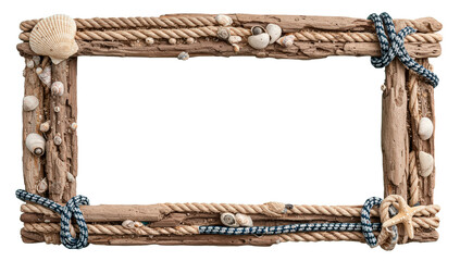 Decorative driftwood frame adorned with seashells and nautical rope on a transparent background © Elena
