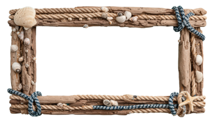 Decorative driftwood frame adorned with seashells and nautical rope on a transparent background