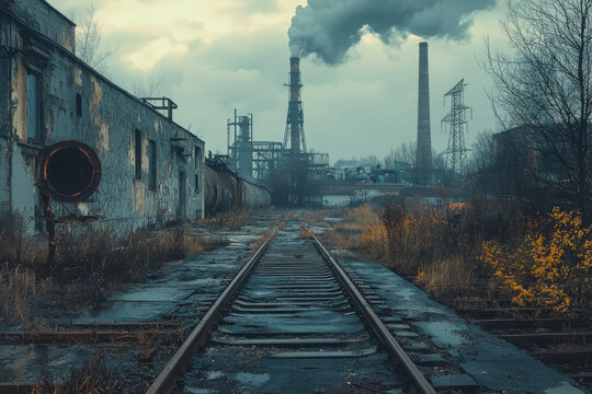 Abandoned railway tracks lead to an industrial wasteland filled with smoke and remnants of a forgotten era during a gloomy afternoon