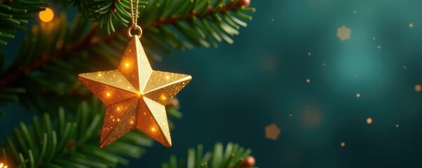 Glittering gold star ornament hanging from Christmas tree branch, christmas, star