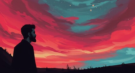 Fototapeta premium Stylized dramatic vibrant sunset sky with a silhouetted contemplative bearded man gazing into the distance, concept for emotional storytelling, mental health awareness and artistic expression