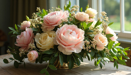 Obraz premium Beautiful flower arrangement with peonies and roses in a golden vase on a wooden table by the window