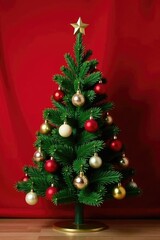 Evergreen Christmas tree with ornaments on red velvet background, christmas tree, colorful