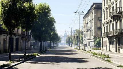 Pixelated Empty Street With Trees And Buildings