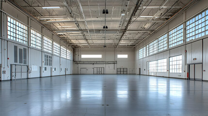 Large Empty Industrial Warehouse Interior with Concrete Floor and Bright Daylight Windows