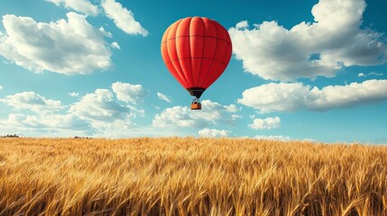 Fototapeta premium Red hot air balloon floating over the golden wheat field