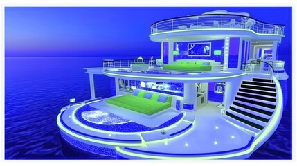 Fototapeta premium Floating luxury resort island with a bar in the ocean at night. Perfect for travel