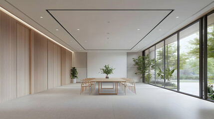 Fototapeta premium Minimalist Modern Interior Design with Wooden Accent Wall White Table and Chairs Large Windows with Green Foliage and Natural Light