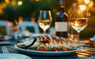 Gourmet Feast: A mouthwatering grilled fish, accompanied by crisp white wine and romantic setting with bokeh lights. inviting viewers to savor the refined and delightful aspects of fine dining.