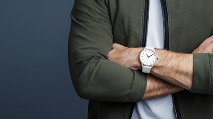 stylish man wearing white watch with minimalist design, showcasing modern look against dark background