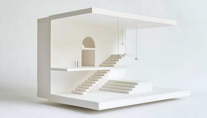 White Architectural Model With Interior Stairs And Minimalist Design