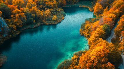 Stunning Autumn Landscape of Plitvice Lakes, Croatia - A Must-Visit Fall Travel Destination with Vibrant Foliage and Crystal-Clear Waters