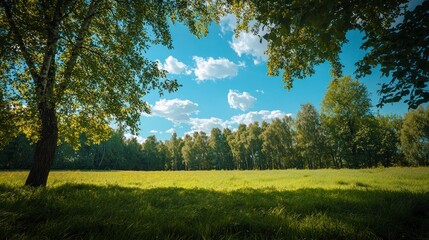 Beautiful green grass meadow with trees and a blue sky