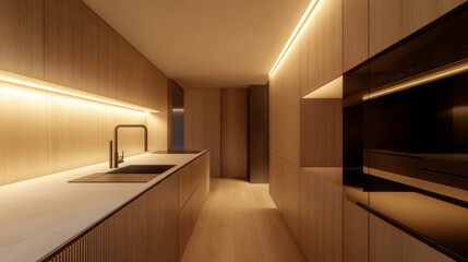 Modern kitchen interior featuring sleek wooden cabinetry and ambient lighting, showcasing a minimalist design