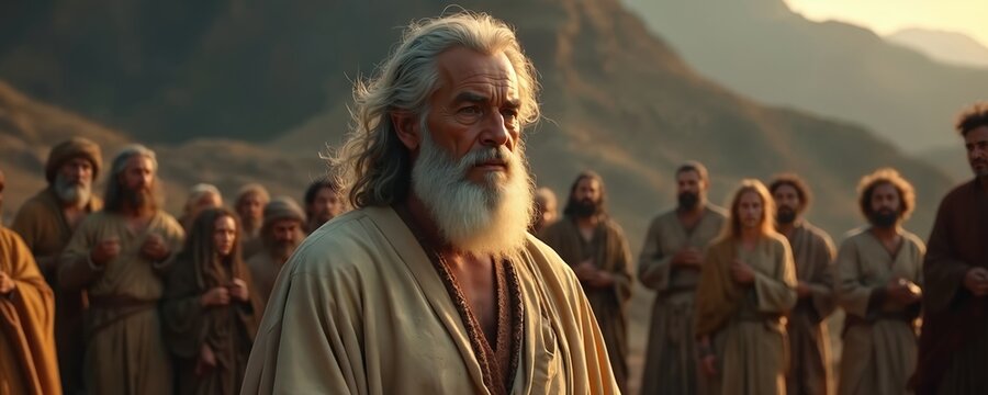 Moses in dramatic digital painting. Biblical scene with people. Prophet, leader stands. Ancient old testament historical story. Divine revelation, encounter with god. Religious, spiritual moment with