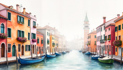Obraz premium Colorful buildings lining Venice canals in morning mist, serene beauty