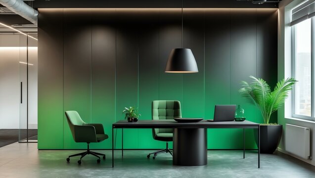 Aesthetic gradient black to green themed office interior concept