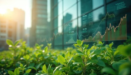 Green corporate banner blends nature with finance tech. ESG focus sustainability, growth, investment. Eco-friendly city buildings, leaves, data analysis, graphs, innovation, progress. Development,