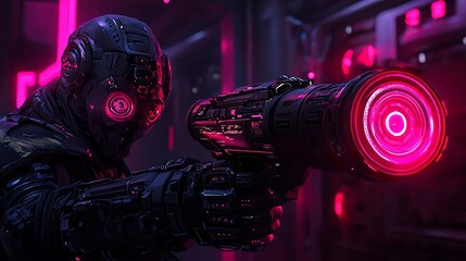Futuristic robot soldier with energy weapon