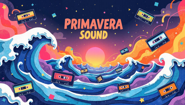 Colorful waves with vintage cassette tapes in space, festival energy