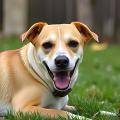 Happy Tan and White Dog Relaxing Outdoors in a Sunny Garden Setting