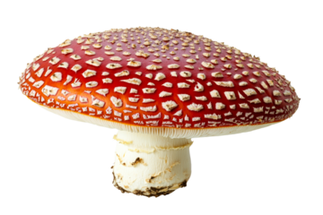 Fly agaric mushroom, toadstool isolated on black background, cut out transparent