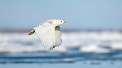Snowy Bird In Flight Over Frozen Water
