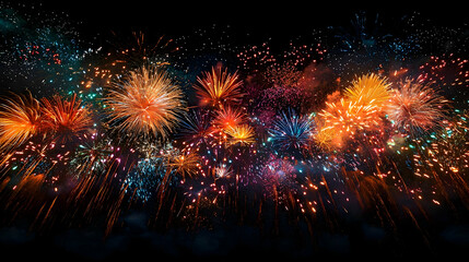 Fototapeta premium Colorful Fireworks Bursting In The Night Sky Displaying Orange Red Yellow And Blue Lights During Festive Celebration