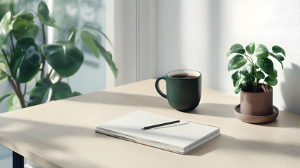Simple Workspace With Coffee And Plant