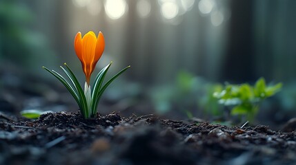 A vibrant orange crocus flower blooming in a serene forest setting, surrounded by soft green foliage