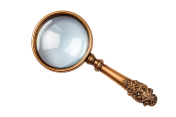 Vintage magnifying glass with gold handle, detailed ornate design, cut out transparent