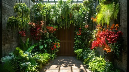 Lush indoor garden with hanging plants and a wooden door. Sunlight streams into a tropical paradise.