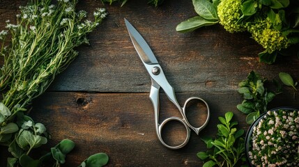 Fresh herbs and gardening shears on rustic wooden table.