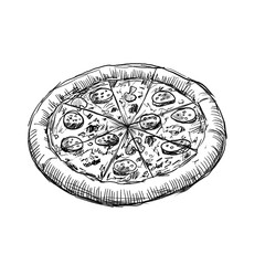 Freehand golden pizza scribble isolated on white background. Texture of writing materials. Handwritten doodles and pencil strokes. Hand drawn  pepperoni line art style