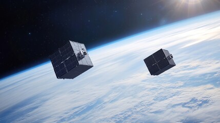 Futuristic satellite constellation orbiting earth, providing seamless global communication