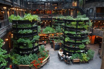 Indoor vertical garden in a multi-level building, showcasing diverse plants and produce.