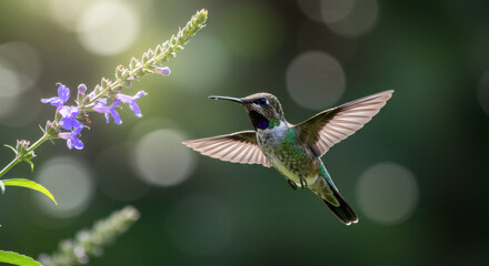 A hummingbird hovering near a flower.
