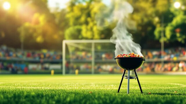 Modern Grill on Lush Stadium Field During Football Match with Bright Lights for Game Day Party
