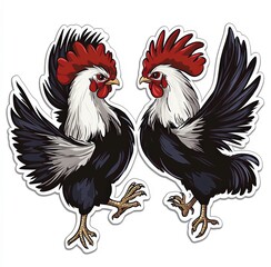 Fototapeta premium Two fighting roosters showcasing vibrant feathers and fierce expressions