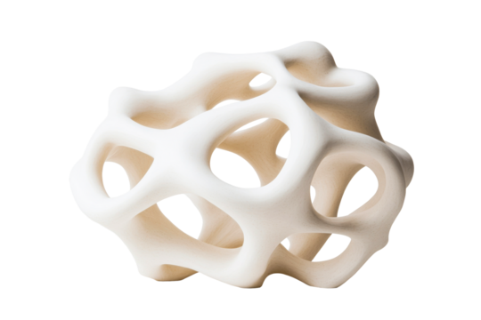 Abstract white porous object with rounded edges on black background, cut out transparent
