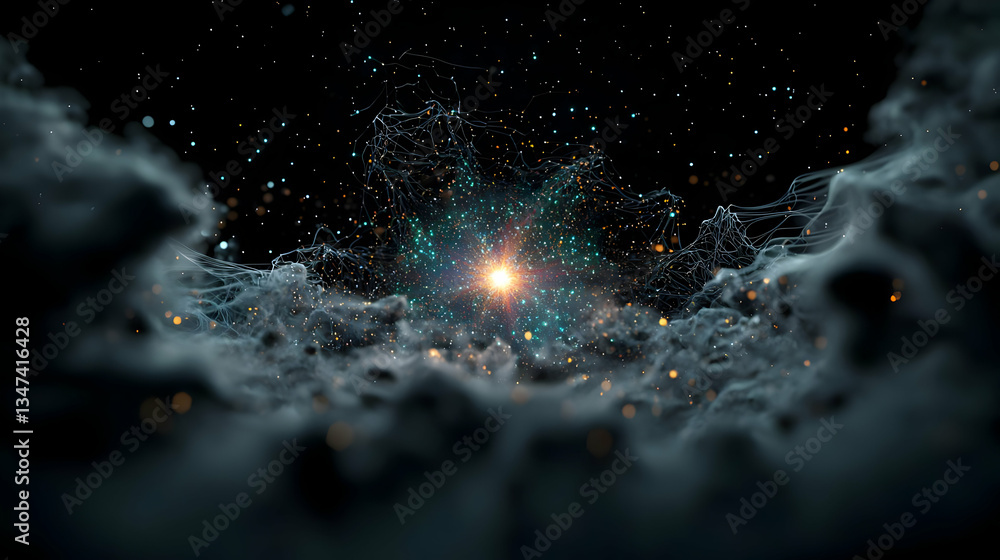 Poster abstract celestial universe depicting galactic clouds and central bright light source