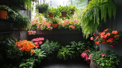 A vibrant indoor balcony garden filled with colorful flowers and lush greenery.