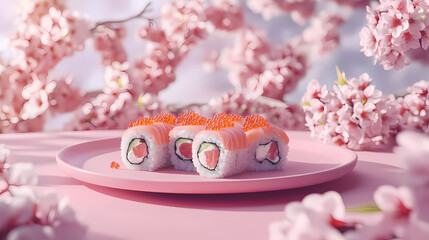 Sushi Bloom: A vibrant display of salmon sushi rolls rests on a pink plate, nestled amongst the delicate blossoms of a blooming cherry tree, creating a feast for the eyes.