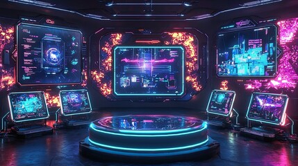 Obraz premium Futuristic command center with holographic displays and glowing platform