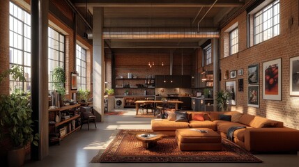 Spacious loft apartment with exposed brick walls, large windows, and modern furnishings. Sunlight streams into the open-plan living space.