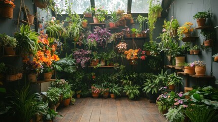 Vibrant indoor plant display in a dark room with many potted plants, shelves, and hanging planters.