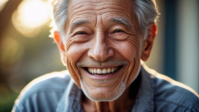 A warmly content elderly man exudes joy with his genuine smile and silver hair, the wrinkles on his face telling stories of a life well-lived. The outdoor backdrop enhances the natural lighting