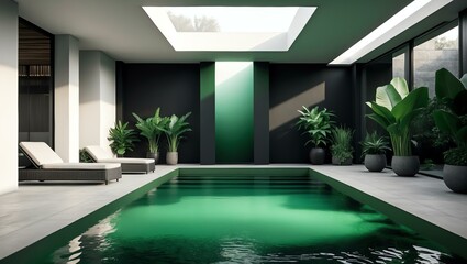 Aesthetic gradient black to green themed indoor pool interior concept